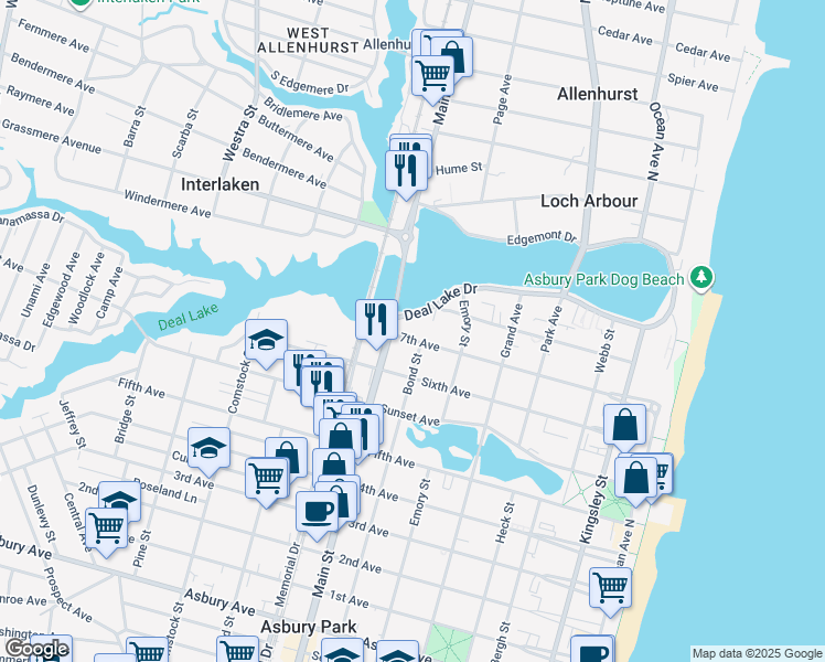 map of restaurants, bars, coffee shops, grocery stores, and more near 610 7th Avenue in Asbury Park