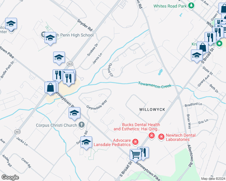 map of restaurants, bars, coffee shops, grocery stores, and more near 1207 Browning Court in Lansdale
