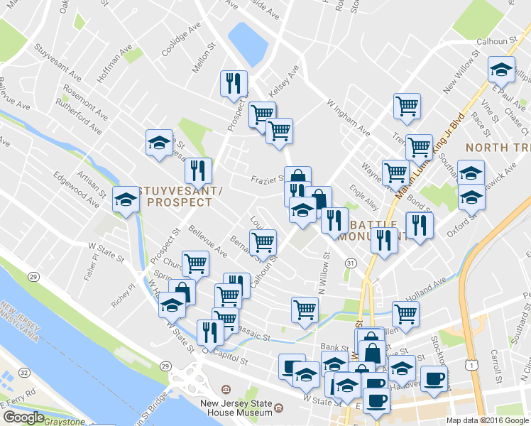 map of restaurants, bars, coffee shops, grocery stores, and more near 73 Dunham Street in Trenton