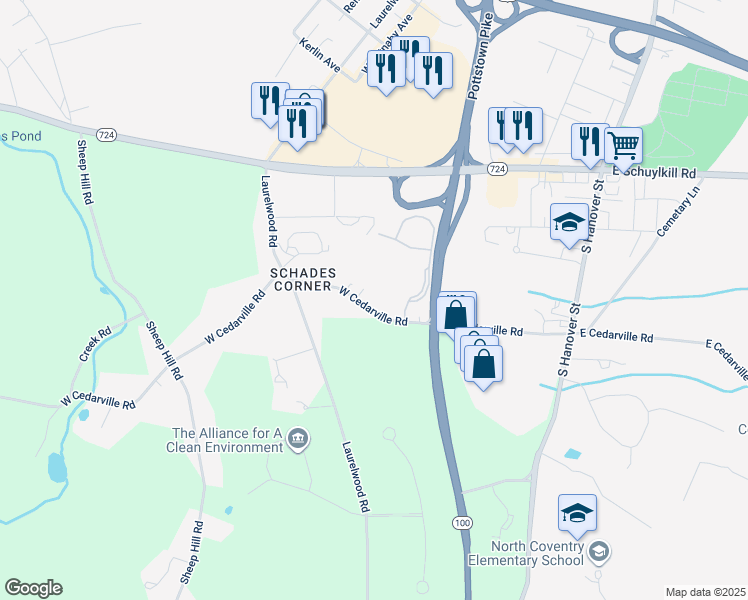 map of restaurants, bars, coffee shops, grocery stores, and more near 515 West Cedarville Road in Pottstown