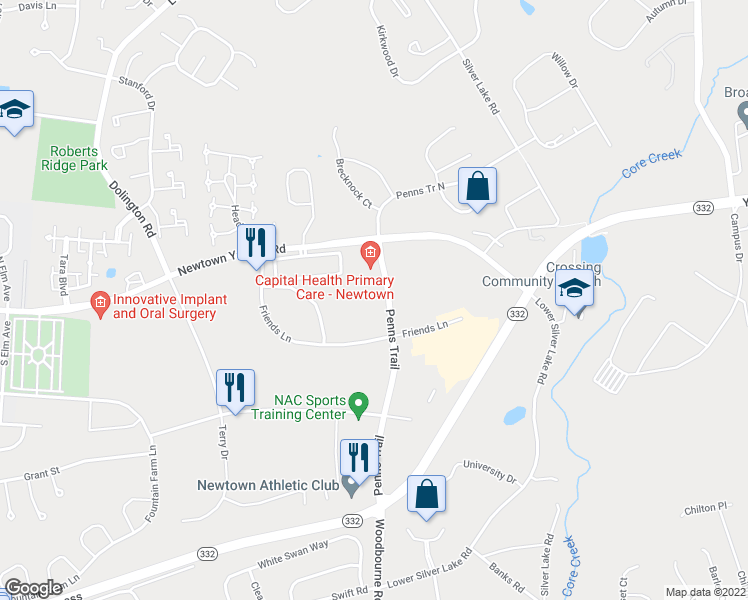 map of restaurants, bars, coffee shops, grocery stores, and more near 54 Friends Lane in Newtown