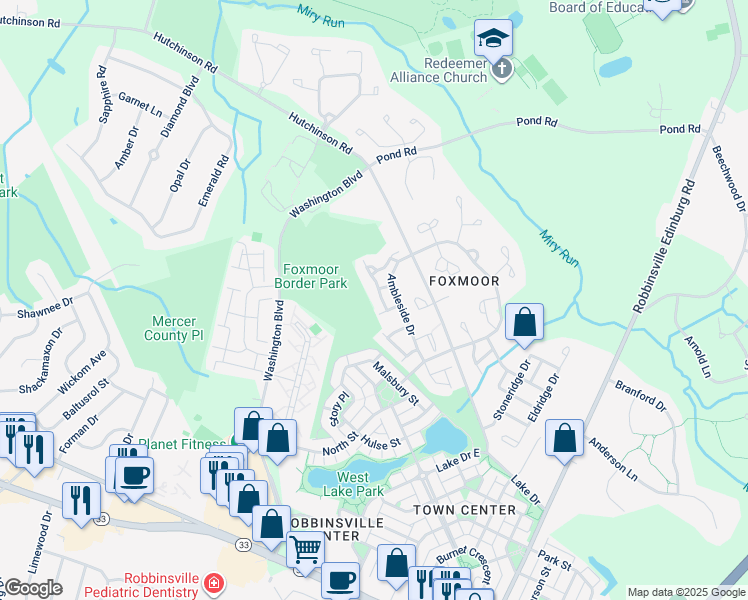 map of restaurants, bars, coffee shops, grocery stores, and more near 15 Faxon Drive in Robbinsville