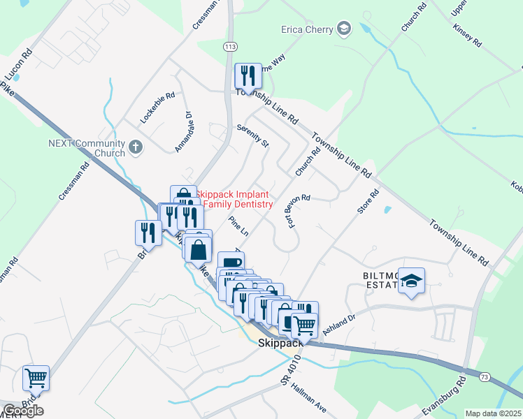 map of restaurants, bars, coffee shops, grocery stores, and more near 2059 Church Road in Harleysville