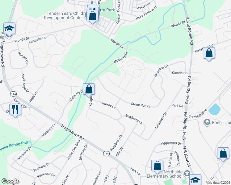map of restaurants, bars, coffee shops, grocery stores, and more near 17 Stone Run Drive in Mechanicsburg