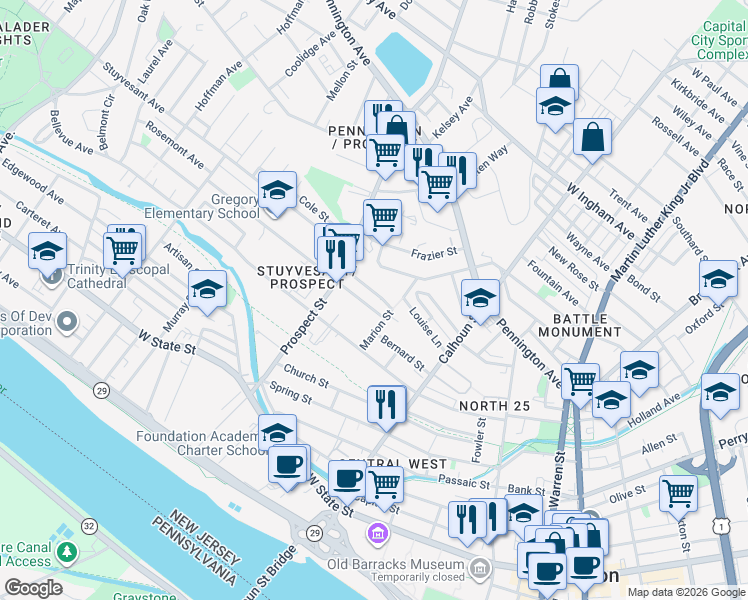 map of restaurants, bars, coffee shops, grocery stores, and more near 29 Marion Street in Trenton