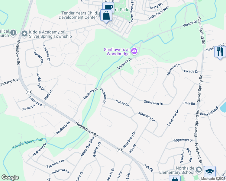 map of restaurants, bars, coffee shops, grocery stores, and more near 20 Surrey Lane in Mechanicsburg