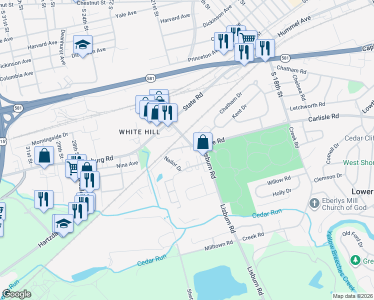 map of restaurants, bars, coffee shops, grocery stores, and more near 2116 Cedar Run Drive in Camp Hill