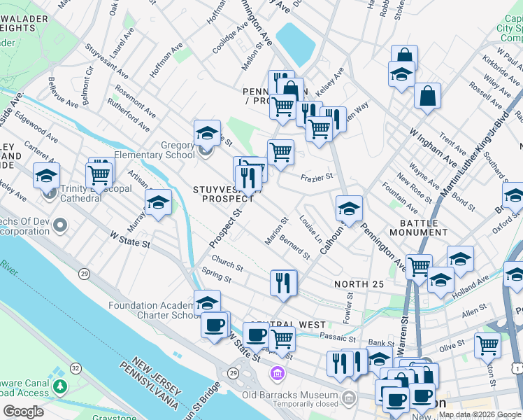 map of restaurants, bars, coffee shops, grocery stores, and more near 29 Marion Street in Trenton