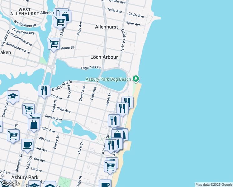 map of restaurants, bars, coffee shops, grocery stores, and more near 201-203 8th Avenue in Asbury Park