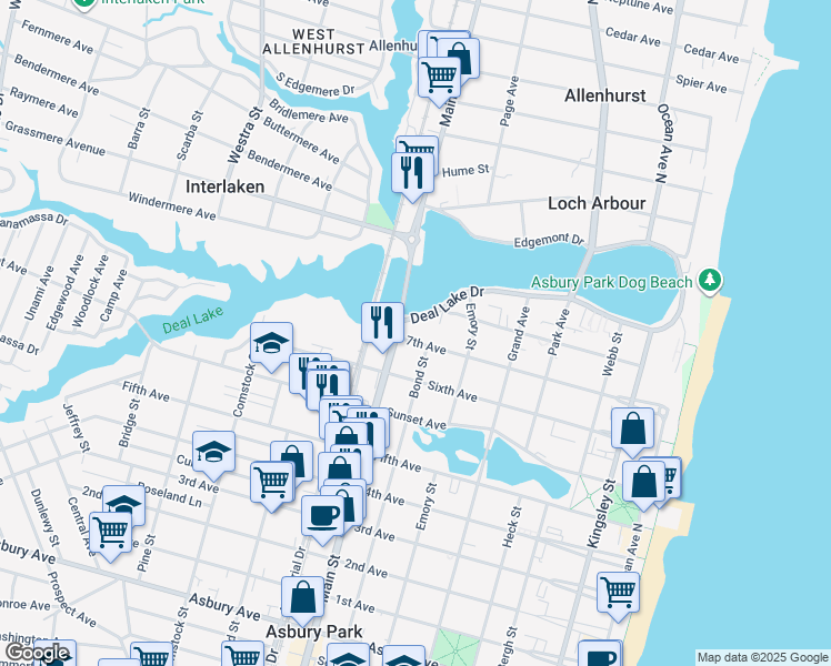 map of restaurants, bars, coffee shops, grocery stores, and more near 1506 Main Street in Asbury Park