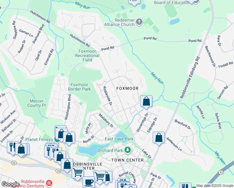 map of restaurants, bars, coffee shops, grocery stores, and more near 19 Amesbury Court in Robbinsville Township