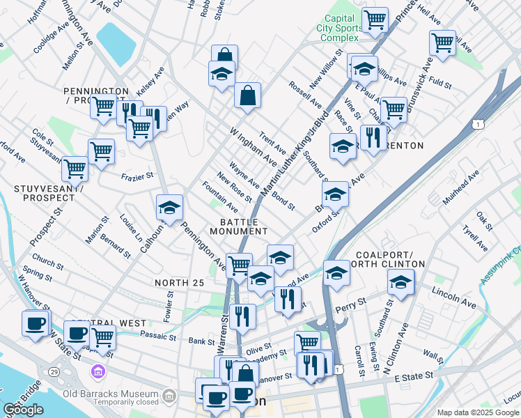 map of restaurants, bars, coffee shops, grocery stores, and more near 17 Sanford Street in Trenton