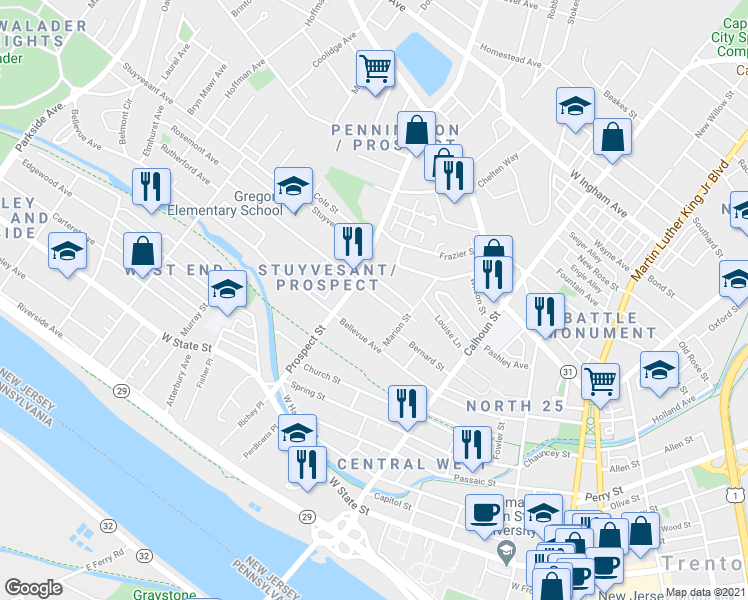 map of restaurants, bars, coffee shops, grocery stores, and more near 29 Marion Street in Trenton