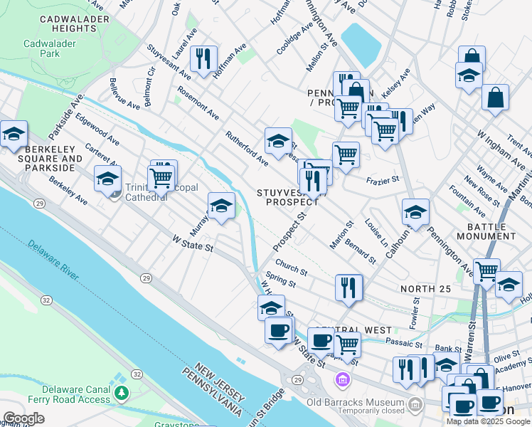 map of restaurants, bars, coffee shops, grocery stores, and more near 40 Jarvis Place in Trenton