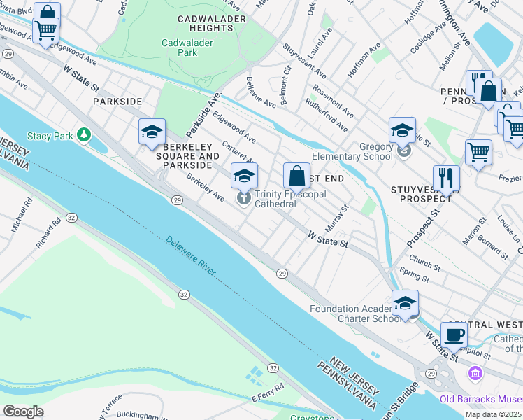 map of restaurants, bars, coffee shops, grocery stores, and more near 43 South Hermitage Avenue in Trenton