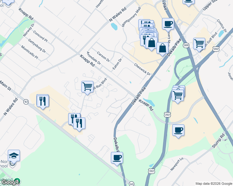 map of restaurants, bars, coffee shops, grocery stores, and more near 100 White Tower Lane in North Wales