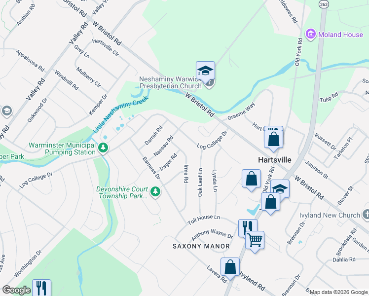 map of restaurants, bars, coffee shops, grocery stores, and more near 1271 Irma Road in Warminster
