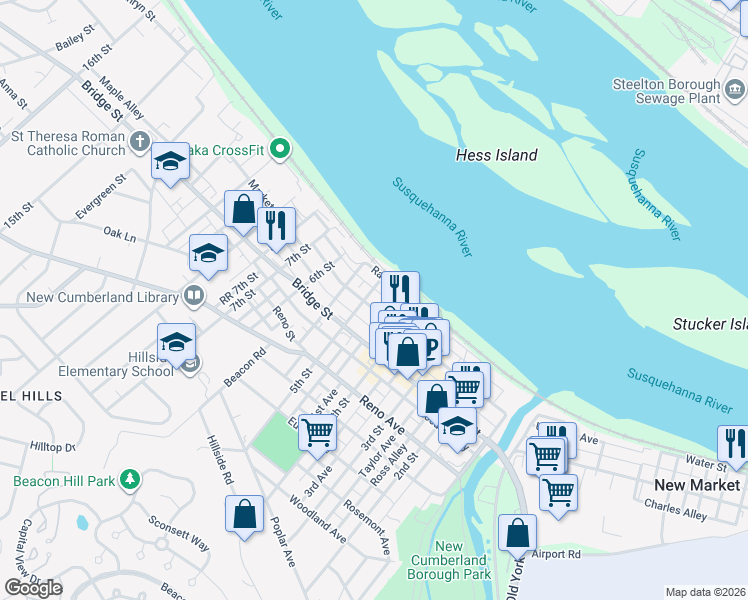 map of restaurants, bars, coffee shops, grocery stores, and more near 422 Market Street in New Cumberland