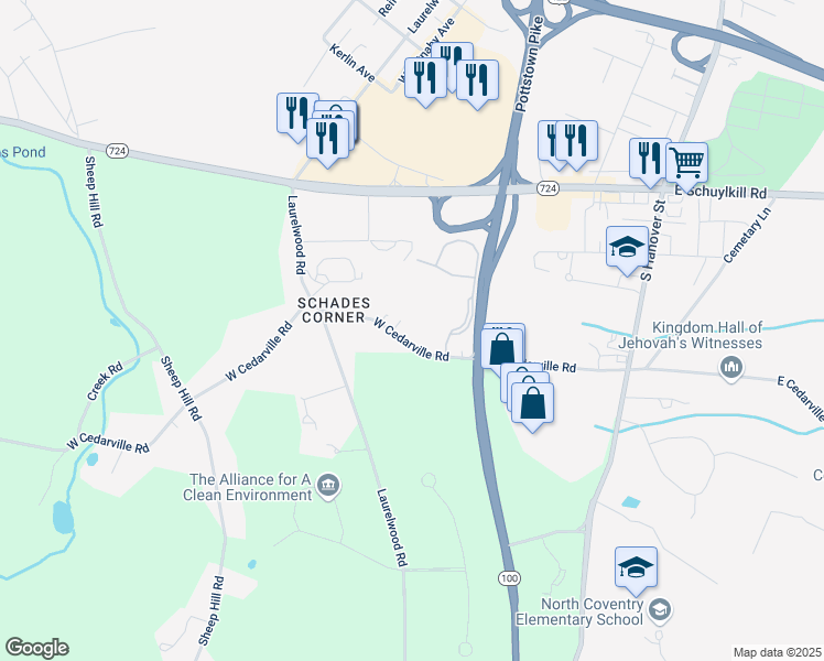 map of restaurants, bars, coffee shops, grocery stores, and more near 515 West Cedarville Road in Pottstown