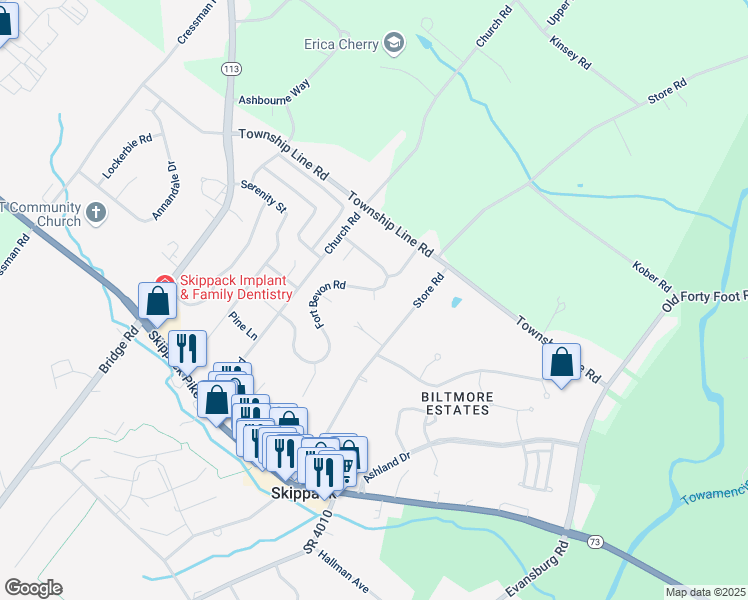 map of restaurants, bars, coffee shops, grocery stores, and more near 154 Caln Circle in Harleysville