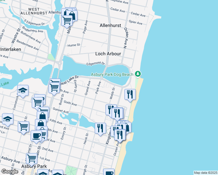 map of restaurants, bars, coffee shops, grocery stores, and more near 306 8th Avenue in Asbury Park