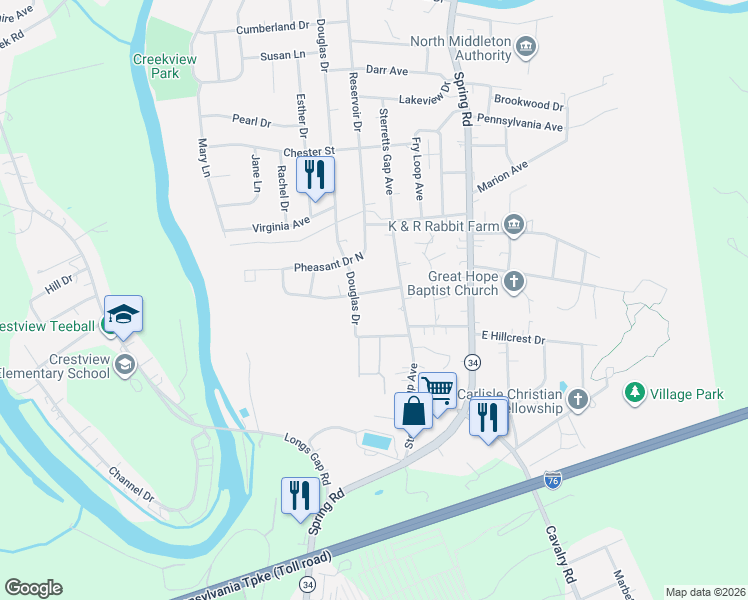 map of restaurants, bars, coffee shops, grocery stores, and more near 1207 Pheasant Drive South in Carlisle