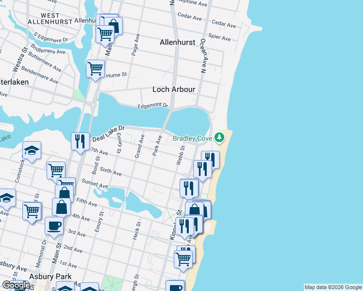 map of restaurants, bars, coffee shops, grocery stores, and more near 201-203 8th Avenue in Asbury Park