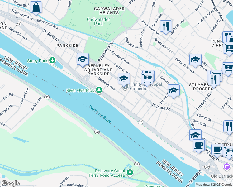 map of restaurants, bars, coffee shops, grocery stores, and more near 816 Riverside Avenue in Trenton