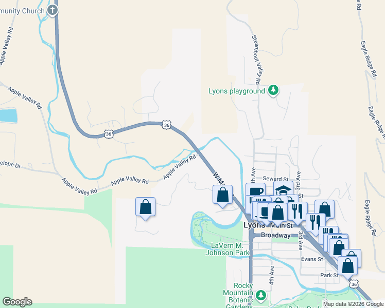 map of restaurants, bars, coffee shops, grocery stores, and more near 511-513 West Main Street in Lyons