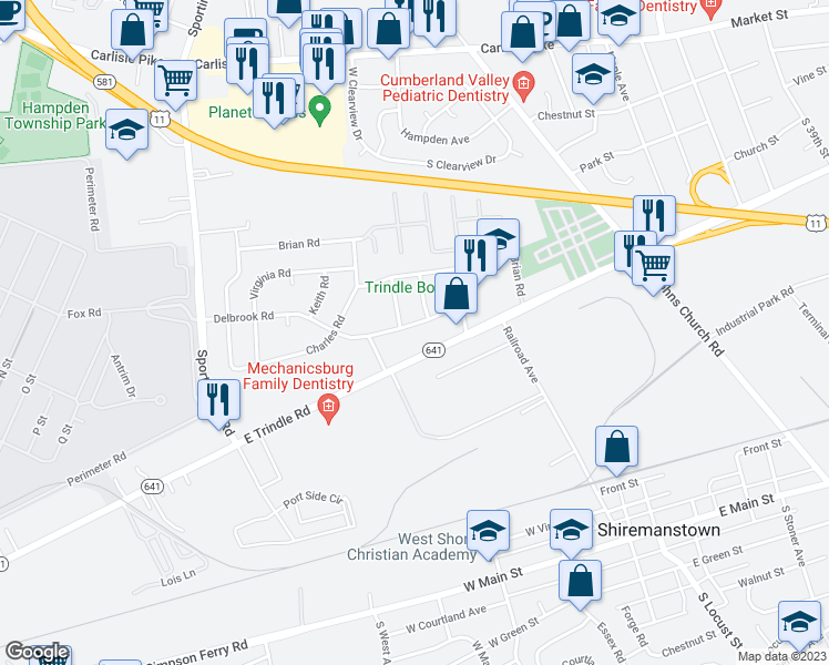 map of restaurants, bars, coffee shops, grocery stores, and more near 4714 Delbrook Road in Mechanicsburg