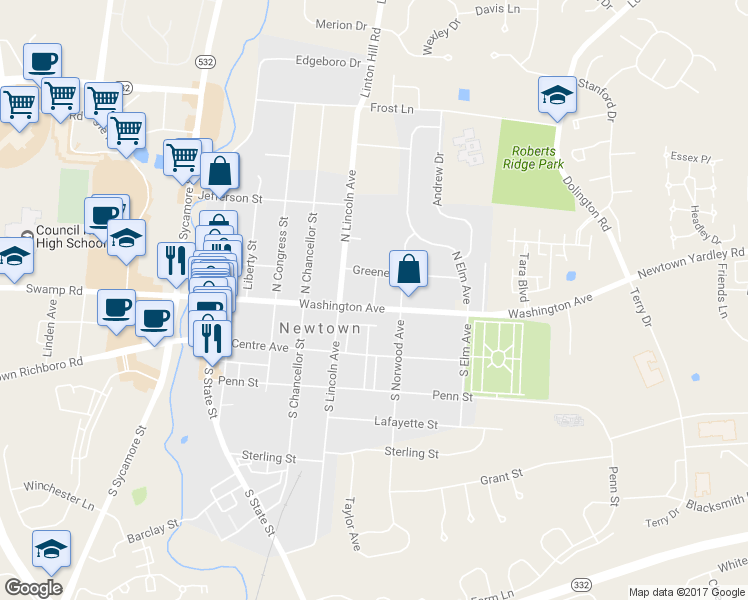 map of restaurants, bars, coffee shops, grocery stores, and more near 24 Maple Avenue in Newtown