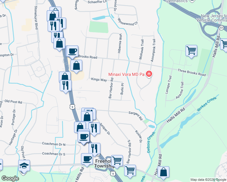 map of restaurants, bars, coffee shops, grocery stores, and more near 71 Burki Place in Freehold