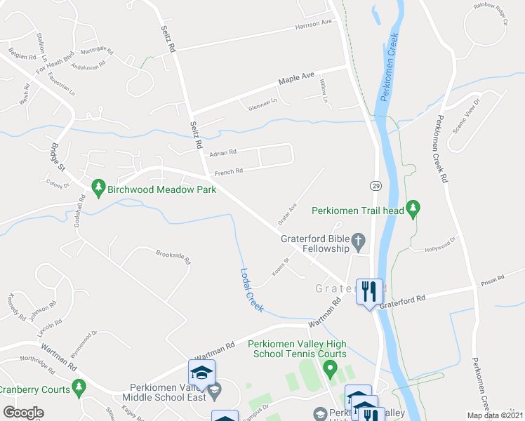 map of restaurants, bars, coffee shops, grocery stores, and more near 230 Bridge Street in Collegeville