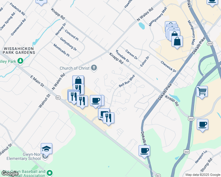 map of restaurants, bars, coffee shops, grocery stores, and more near 5300 North Plantation Court in North Wales