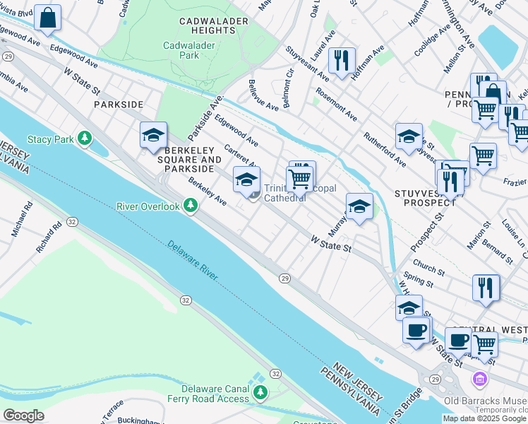 map of restaurants, bars, coffee shops, grocery stores, and more near 777 West State Street in Trenton