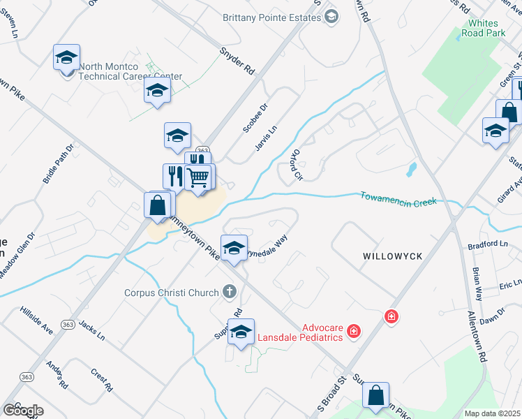 map of restaurants, bars, coffee shops, grocery stores, and more near 1351 Gwynedale Way in Lansdale