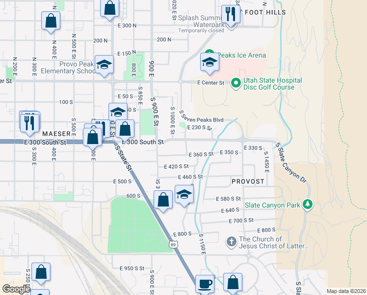 map of restaurants, bars, coffee shops, grocery stores, and more near 1051 300 South in Provo