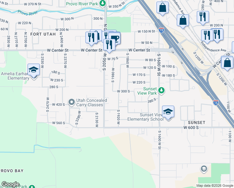 map of restaurants, bars, coffee shops, grocery stores, and more near 266 South 1920 West in Provo