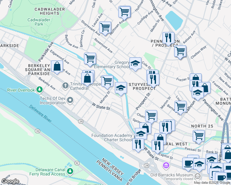map of restaurants, bars, coffee shops, grocery stores, and more near 491-555 Bellevue Avenue in Trenton