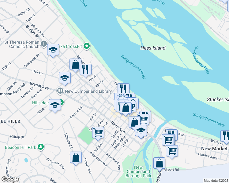 map of restaurants, bars, coffee shops, grocery stores, and more near 506 Water Street in New Cumberland