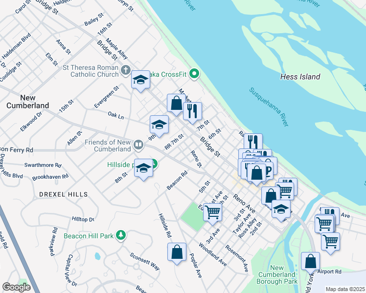 map of restaurants, bars, coffee shops, grocery stores, and more near 704 Bridge Street in New Cumberland
