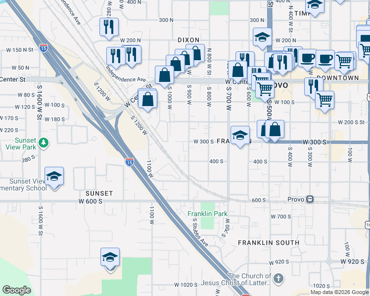 map of restaurants, bars, coffee shops, grocery stores, and more near 332 South 900 West in Provo