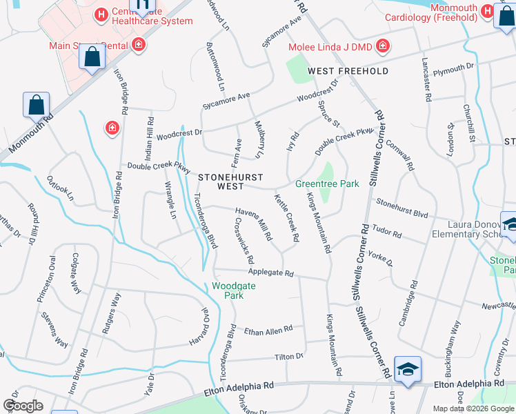 map of restaurants, bars, coffee shops, grocery stores, and more near 170 Double Creek Parkway in Freehold