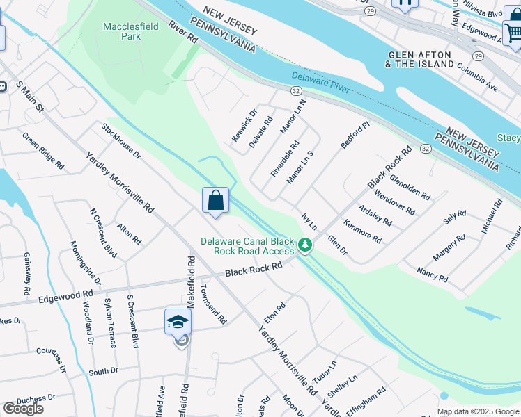 map of restaurants, bars, coffee shops, grocery stores, and more near 54 Manor Lane West in Yardley