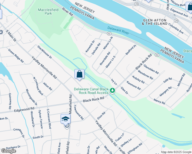 map of restaurants, bars, coffee shops, grocery stores, and more near 54 Manor Lane West in Yardley
