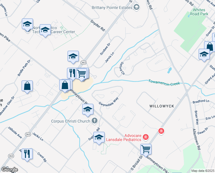 map of restaurants, bars, coffee shops, grocery stores, and more near 1351 Gwynedale Way in Lansdale