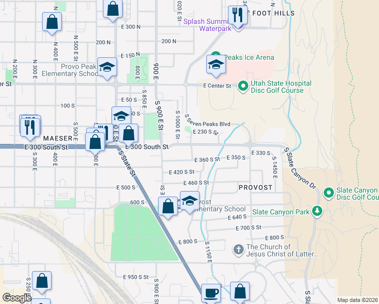 map of restaurants, bars, coffee shops, grocery stores, and more near 1051 300 South in Provo