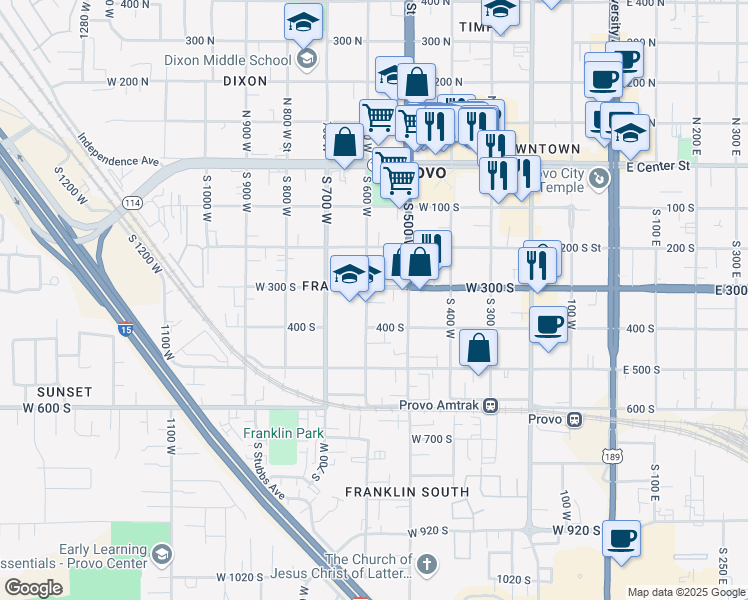 map of restaurants, bars, coffee shops, grocery stores, and more near 590 West 300 South in Provo