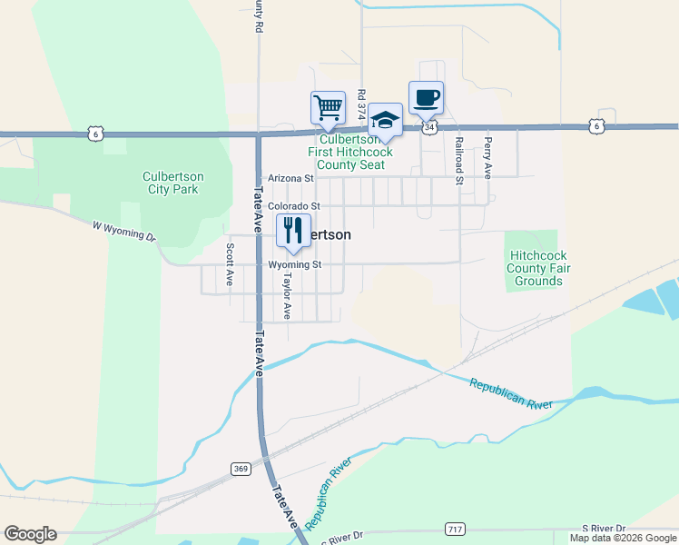 map of restaurants, bars, coffee shops, grocery stores, and more near 612 Wyoming Street in Culbertson