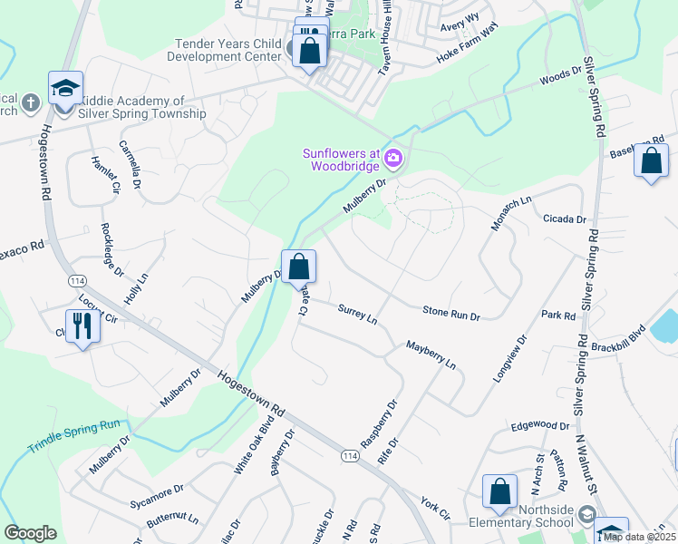 map of restaurants, bars, coffee shops, grocery stores, and more near 7 Stone Run Drive in Mechanicsburg